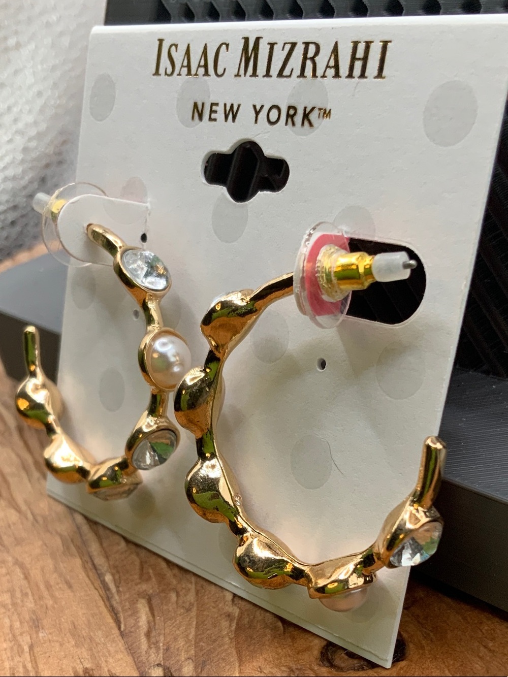 Isaac Mizrahi Faux Pearls and Clear Crystals Gold Tone Hoop Earrings